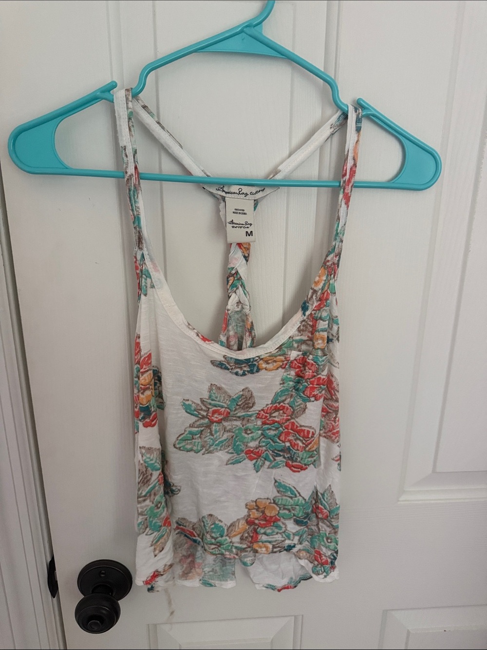 American Rag White Floral Tank with Teal and Coral Accents
